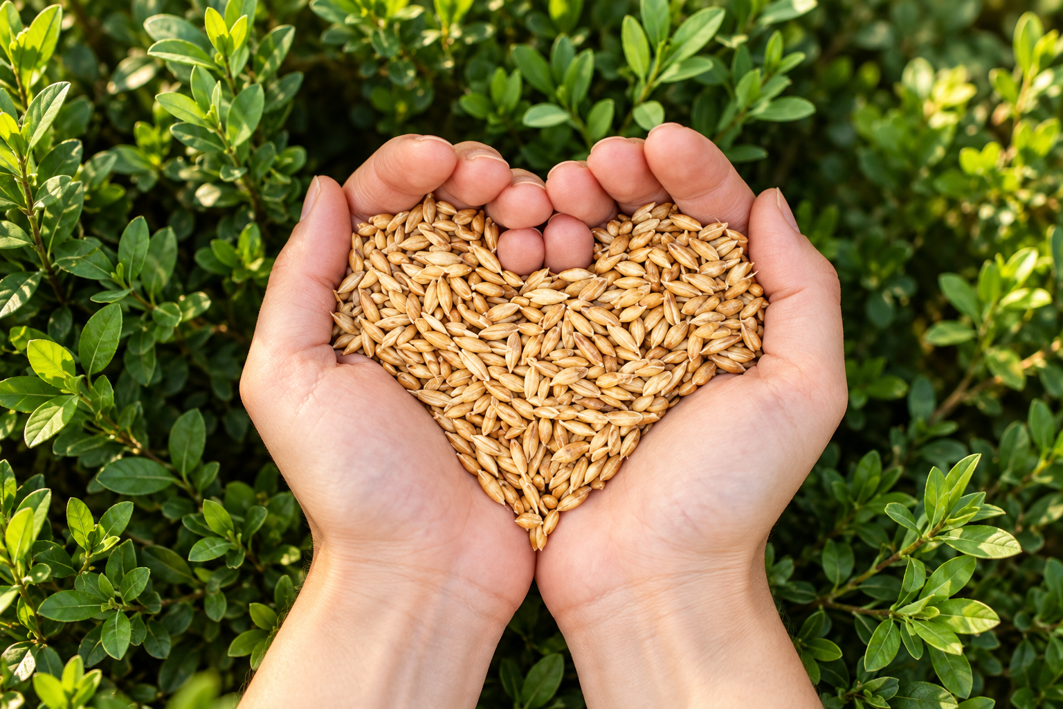 Hands holding grains among green leaves